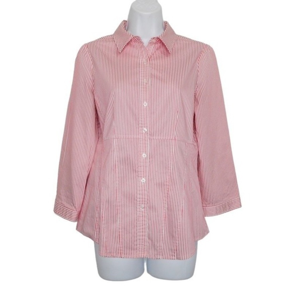 New York Company Womens Top M Pink White 3/4 Sleeve‎ Striped Button-Up Blouse